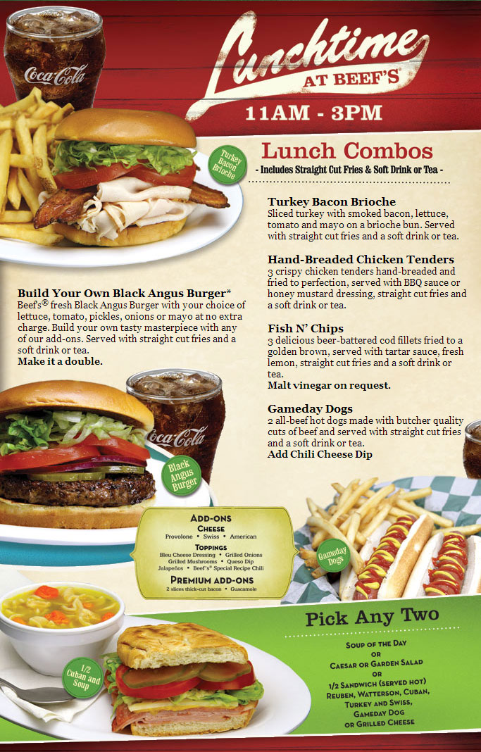 Beef O Bradys Lunch Menu With Prices - Beef Poster
