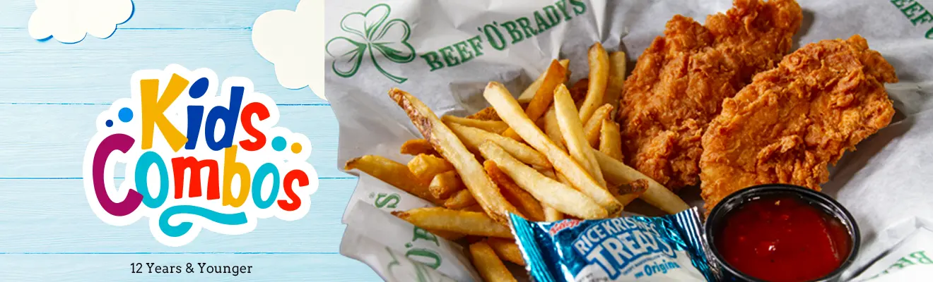 A banner containing a kids basket of corn dog nuggets and fries with a Rice Krispies Treat, and the words: Kids Combos
