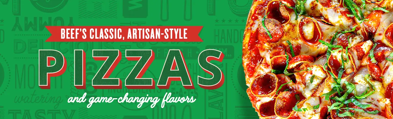 A banner containing a close-up of a pepperoni and sausage pizza topped with fresh basil, and the words: Beef's Classic Artisan-Style Pizzas