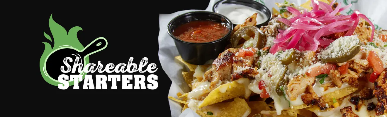 A banner containing chicken nachos, and the words: Shareable Starters