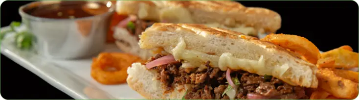 A cut Birria Beef Dip with birria brother and curley fries
